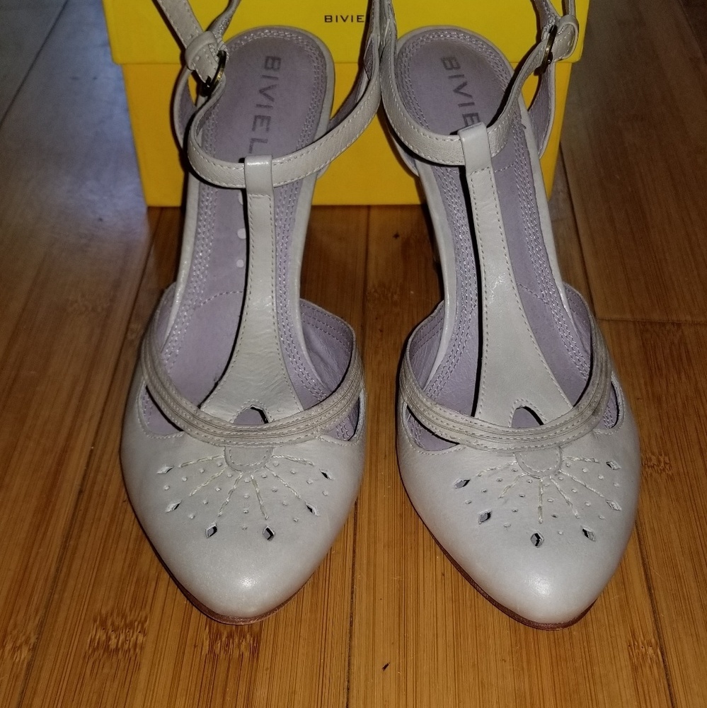 Biviel "BV3083" Grey Leather Slingbacks, Sz 38